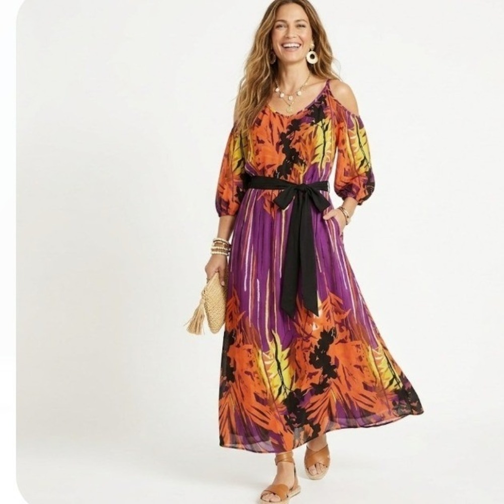 New Ashley Stewart Maxi Dress sz 20 Multi Color Abstract Cold Shoulder Romantic‎
